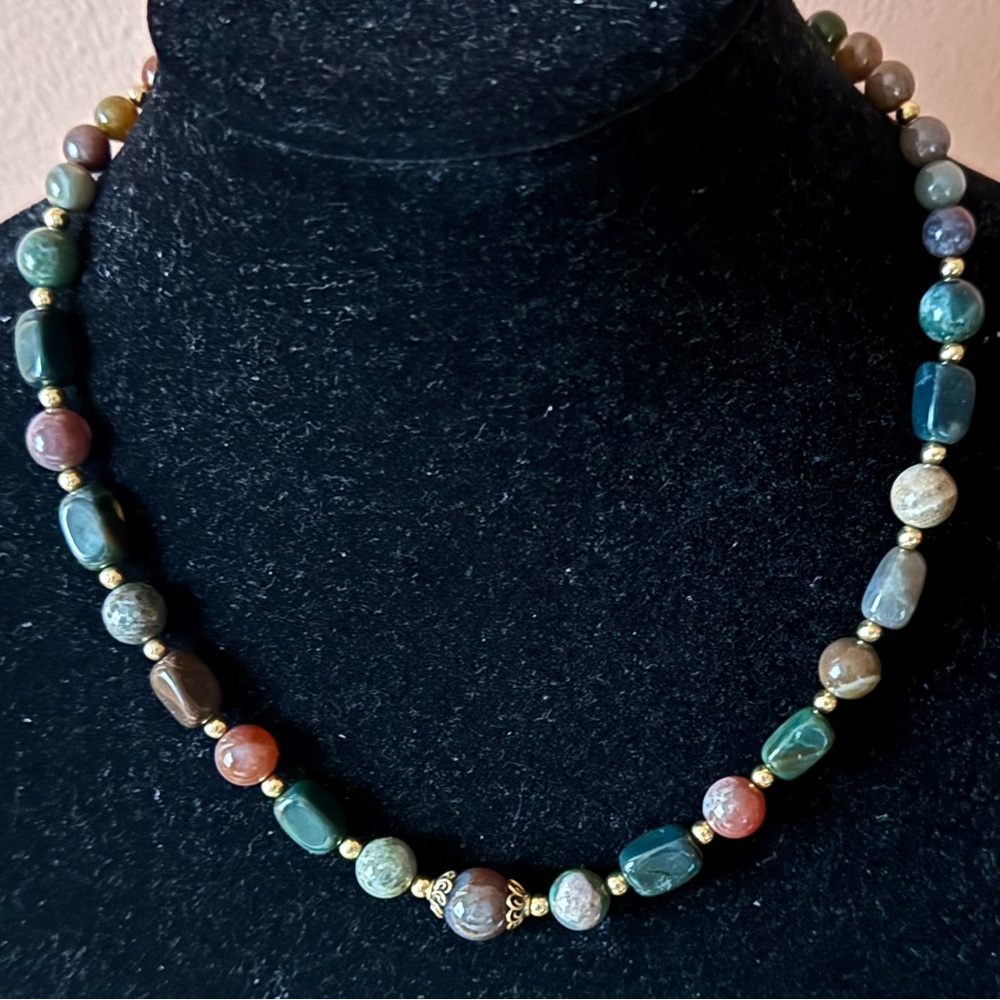 Handcrafted Beaded Natural Jasper Necklace with Gold Filled beads & Toggle